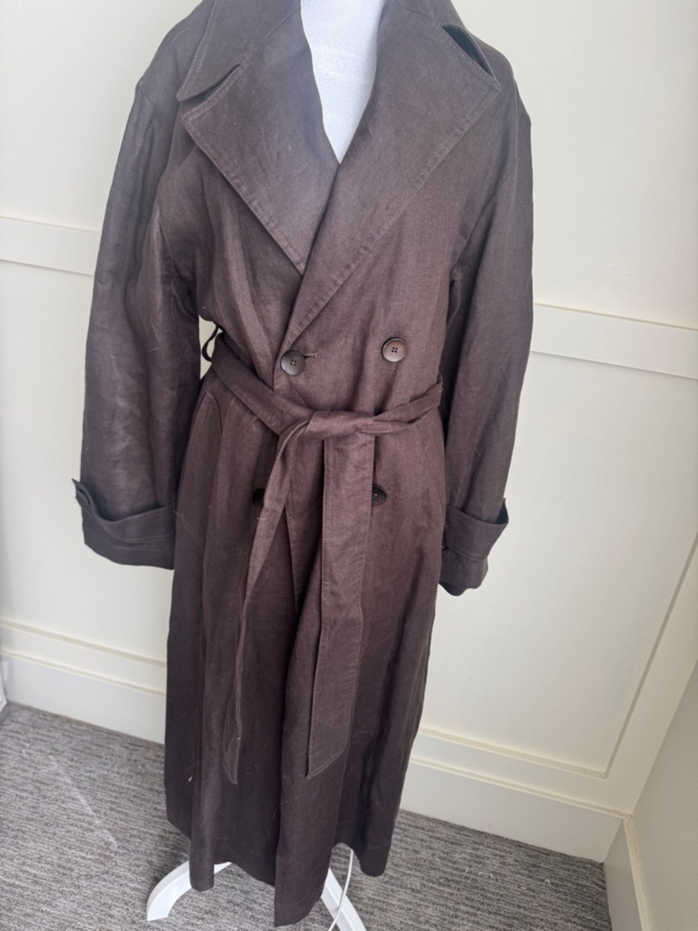 Mango Brown Double-Breasted Linen Trench Coat - Picture 5 of 16